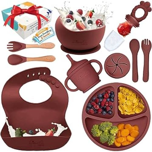 Silicone Baby Feeding Set, 10 Pcs Baby Led Weaning Supplies | BPA-Free Baby Dishes with Toddler Plates and Bowls Set, Silicone Bib, Suction Cup, Baby Spoons & Forks | Empower Independence – Red