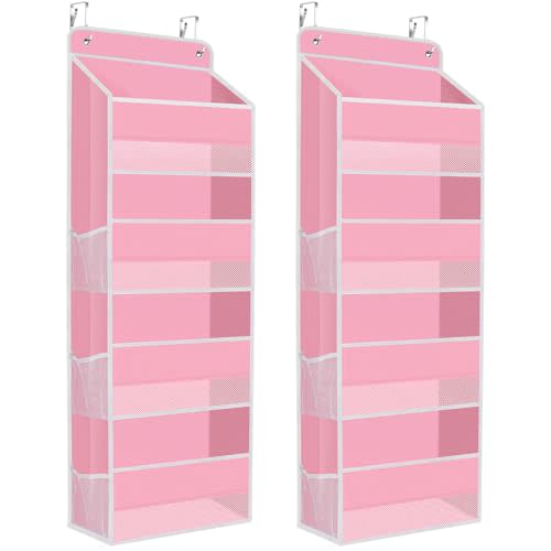 SpaceHacks 2 Pack Over The Door Organizer Hanging Storage Organizers with Clear Window 40lb Large Capacity Room Organizer for Pantry Laundry Bathroom Nursery Closet(Pink)