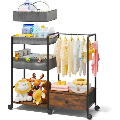 BBLIKE 3in1 Diaper Caddy Organizer - Diaper Caddy & Rolling Diaper Cart with Kids Clothing Rack for Nursery and Baby Essentials, Multi-Function Utility Cart for Bedroom and Bathroom, Black&Brown
