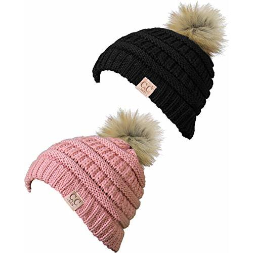 Funky Junque Cozy Toddler Cable Knit Pom Beanie - Warm Winter Hat for Kids