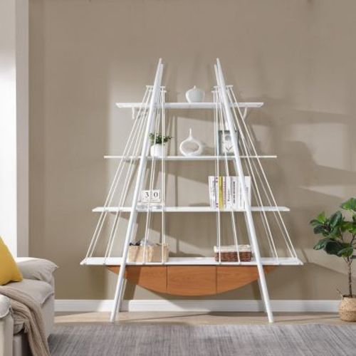 White Wooden Sailboat Shaped Bookshelf,Freestanding Bookcase with Open Storage Shelf And Drawer,Display Rack For Living Room,Office-Cuddlewood