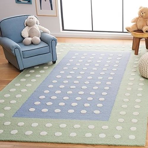 SAFAVIEH Kids Collection Area Rug - 5' x 8', Blue & Green, Handmade Polka Dot Wool, Ideal for High Traffic Areas in Playroom, Nursery, Bedroom (SFK929M)