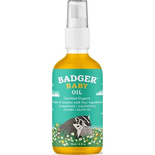 Badger Baby Oil, 100% Organic Ingredients to Soften & Moisturize Dry Skin or Cradle Cap, Soothing Vegan Organic Baby Oil, 4 fl oz Glass Bottle