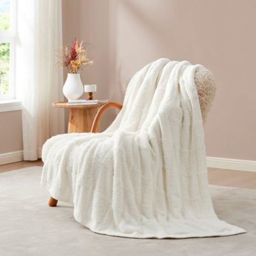 Soft Faux Fur Knit Checkered Throw Blanket Fluffy Bedding Blankets Snuggle Sac, 50*60", Ivory