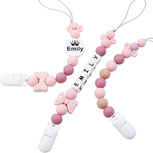 Customized Baby Pacifier Holder Clip with Name, Personalized Name Pacifier Clip for Boys and Girls Fits for Most Pacifiers (Pink)