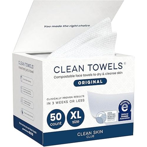 Clean Skin Club Clean Towels XL®, 100% USDA Biobased Face Towel, Disposable Face Towelette, Eczema Association Accepted, Makeup Remover Dry Wipes, Ultra Soft, 1 Pack, 50 Ct