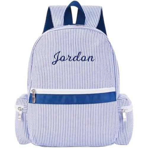 MT WORLD Daycare Backpack Personalized Small Seersucker Backpack with Embroidered Name - Navy Blue Stripped Backpacks with Chest Buckle - Custom 11inch Diaper Bag for Travel Overnight Birthday Gifts