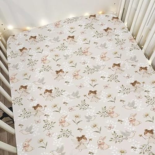 Boho Fairies Baby Crib Sheets for Boy Girl 28"x52" Cute Girl Bunny Bird Daisy Leaves Soft Stretchy Fitted Crib Mattress Cover Spring Garden Baby Sheet for Standard Crib and Toddler Bed Mattress