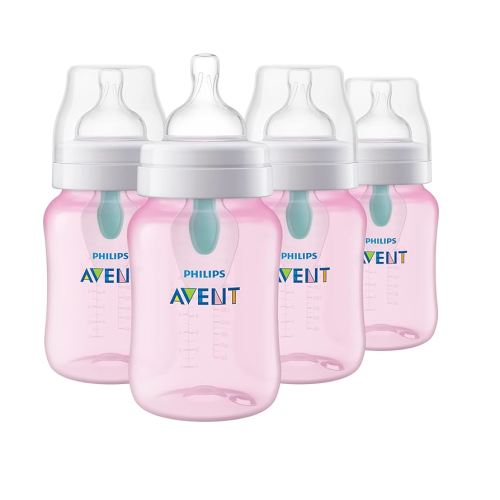 Philips Avent Anti-Colic Baby Bottle with AirFree Vent, 9oz, with Flow 2 Nipples, 1m+, 4pk, Pink, SCY703/14