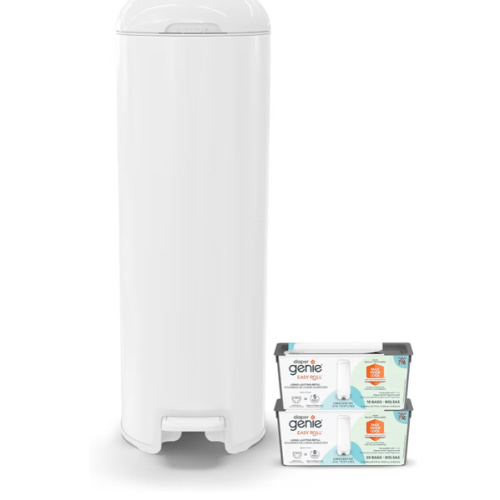 Diaper Genie Platinum Diaper Pail Gift Set | Hands-Free Odor Control with Foot Pedal | Stainless Steel Baby Diaper Pail | Includes 2 Easy Roll Refills 48 Bags Total | Baby Registry Must-Have