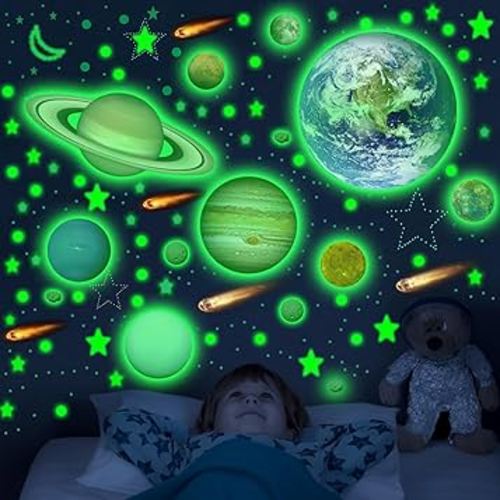 Glow in The Dark Stars and Planets, 965 PCS Solar System Wall Decals, The Earth Wall Stickers for Bedroom, Baby Nursery Glow Stars for Ceiling(Green)
