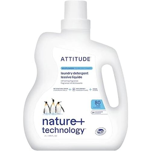 ATTITUDE Liquid Laundry Detergent, EWG Verified, HE Compatible, Plant-Based & Vegan, Natural Laundry Soap, Wildflowers, 80 Loads, 67.6 Fl Oz