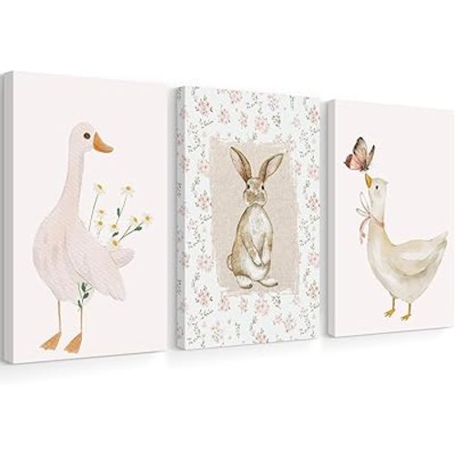 Vintage Nursery Wall Art Goose Canvas Poster Coquette Wall Decor Baby Girl Painting Kids Poster Bunny Rabbit Prints Cute Animal Pictures Duck Artwork for Bedroom Living Room 12x16x3 Inch Ready to Hang