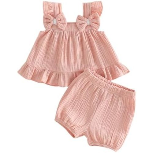 Ropa de verano para niñas pequeñas, ropa de lino sin mangas, con lazo y volantes, parte superior, pantalones cortos, conjuntos de ropa
