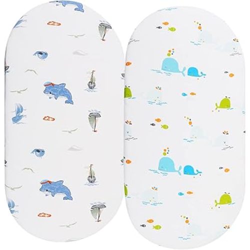 Bassinet Sheets Compatible with 4moms Mamaroo Sleep Bassinet, 2 Pack Fitted Sheets, 100% Jersey Knit Cotton 190GSM, Ultra Soft Breathable, Dolphin and Whale