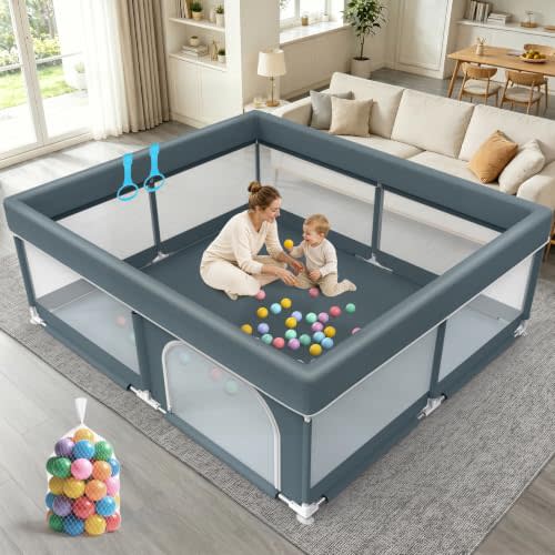 79x71 Large Baby Playpen Indoor & Outdoor Play Yard for Toddlers | Soft Padded Top Rail, CPC Safety Certified, 360° Breathable Mesh, External Zipper Door, 2 Pull Up Rings & 20 Ocean Balls