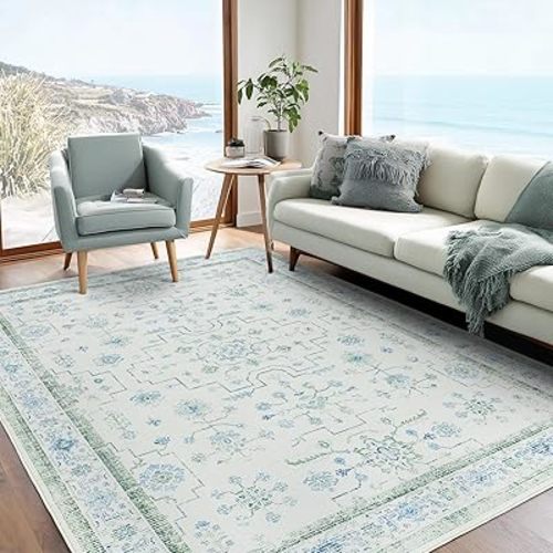 LAISE 5x7 Blue Coastal Rugs for Playroom Washable Bedroom Rug Non Slip Floral Rug for Living Room Neutral Floor Carpet for Living Room Bedroom Dining Room Dorm Office Nursery Playroom (Blue Green 5x7)