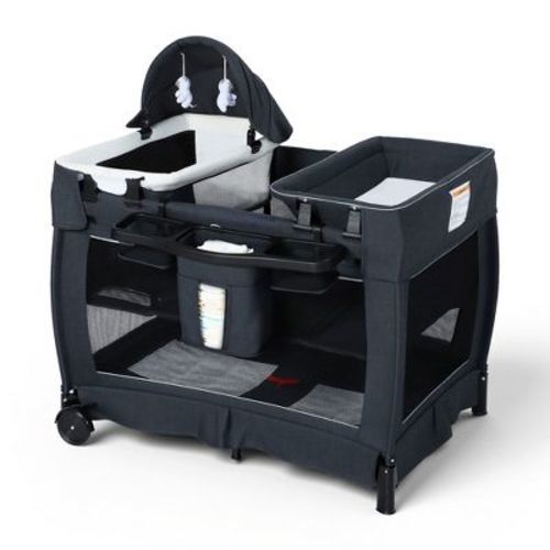 TODECARE 4-in-1 Baby Bassinet & Pack and Play with Bedside Sleeper and Diaper Changer, Portable Crib with Mattress & Mosquito Net, Dark Gray