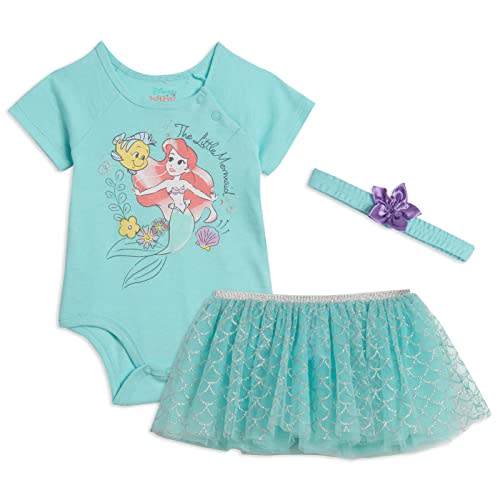 Disney Minnie Mouse Little Mermaid Cinderella Baby Girls Bodysuit Mesh Tutu and Headband 3 Piece Outfit Set Newborn to Infant