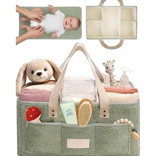 Baby Diaper Caddy Organizer with Portable Changing Mat - Teddy Fleece Diaper Organizer for Changing Table - Basket for Changing Essentials - Baby Essentials Organizer with Removable Dividers