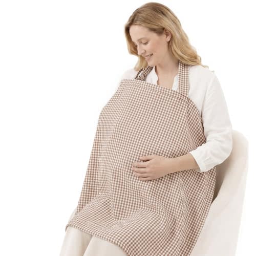 Blissful Diary Muslin Nursing Cover for Breastfeeding, Breathable Breastfeeding Cover up with Arch Neckline for Women, Nursing Apron (Brown Gingham)