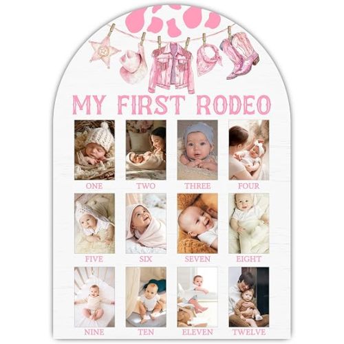 Pink My First Rodeo My First Year Photo Board, Western Cowgirl Baby Milestone Signs for Girls Boys Nursery Decor, 12 Month Wooden Picture Board for 2x3 Photos, Best Babies Keepsake Gifts-B06