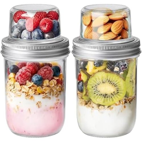 ComSaf Overnight Oats Containers with Lids, 16 oz Glass Mason Jars, 2 Pack
