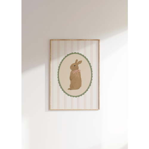 Pink Bunny Girl Nursery Wall Art Print, Cottagecore Coquette Decor Unframed Paper Print