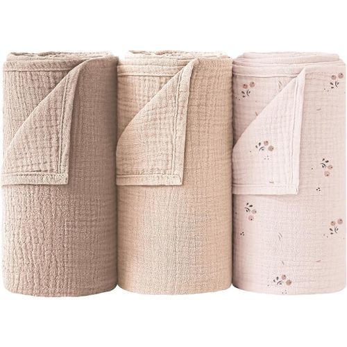 Bearmoss Muslin Swaddle Blankets, 40 x 38 inches Baby Swaddle for Boys and Girls, Soft Baby Blankets, 3 Pack Breathable Nursery Receiving Blankets (Mandarin Blossom)