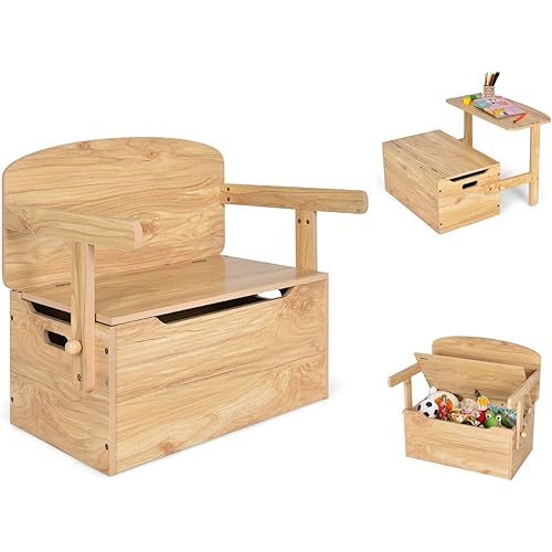 HONEY JOY Kids Table and Chair Set, 3-in-1 Convertible Wooden Toy Storage Bench with Handle, Toddler Furniture Set for Daycare Playroom, Gift for Boys Girls 3+ (Natural)
