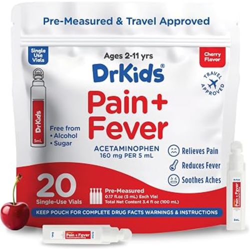 Dr. Kids Children’s Pain and Fever Medicine - Acetaminophen for Kids Ages 2-11, Pre-Measured Single-Use Vials for Headache, Sore Throat, Cold and Flu, Cherry Flavor, 20 Count