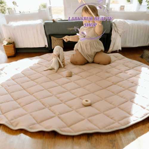 Natural Linen Baby Play Mat, Round Linen Play Mat, Soft Linen Nursery Floor Rug, Quilted Linen Baby Play Rug, Baby Shower Gifts