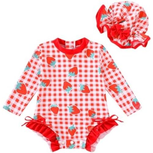 Infant Baby Swimsuit Girl Long Sleeve UPF 50+ Sun Protection One-Piece Rash Guard with Hat Zipper Bathing Suit