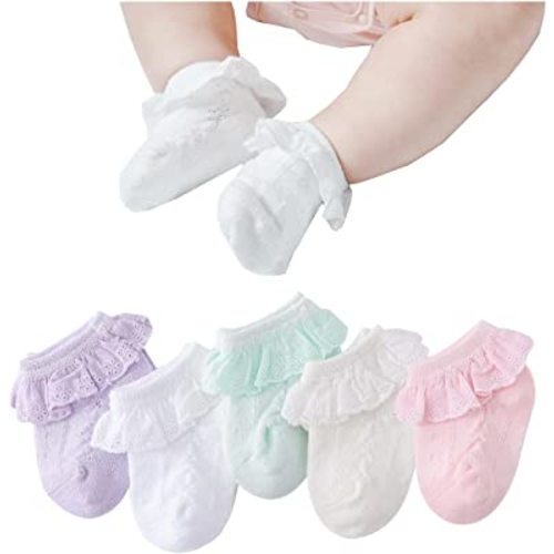 Marchare Baby Lace Socks 3/5/6 Pack Baby Girls' Ruffle Socks Eyelet Princess Cotton Socks 0-3/3-6/6-12/12-36 Months