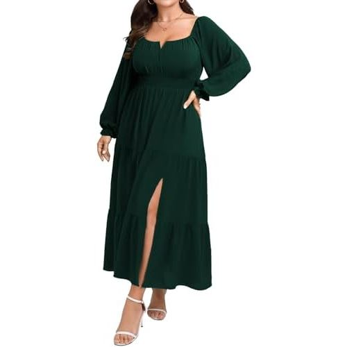 SCOMCHIC Womens Plus Size Formal Dress Fall Long Sleeve Square Neck Flowy A Line Tiered Side Split Wedding Guest Maxi Dress