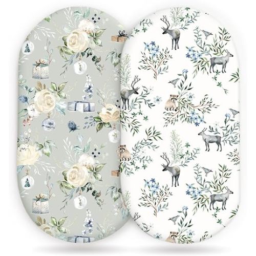 Stretchy Bassinet Mattress Sheets, Ultra Soft Bassinet Sheet 2 Pack, Universal Fitted for Oval Hourglass Rectangular Bassinet Mattress Pad Safe and Snug, Stylish Print Baby Sheets