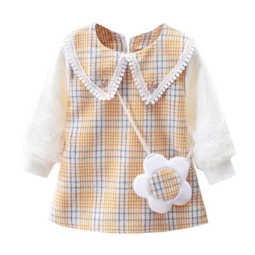 Toddler Dresses Kids Baby Long Sleeve Plaid Prints Princess Dress Bag Set Yellow Elegant Kids Outfits 18 Months-24 Months