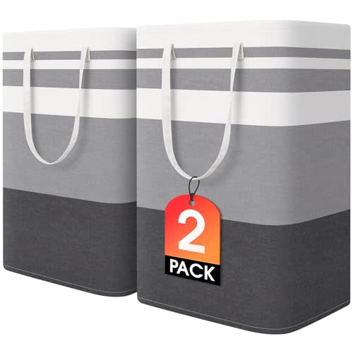 HomeHacks 2 Pack Large Laundry Baskets, Laundry Hampers Bags (Grey 75Lx2) | Waterproof, Freestanding, Collapsible Clothes Hamper with Reinforced Handles in Laundry Room, College Dorm, Bathroom, Bedroom