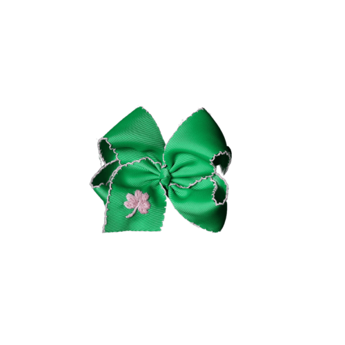 Embroidered Clover Scalloped Edge Grosgrain Bow Green/Pink