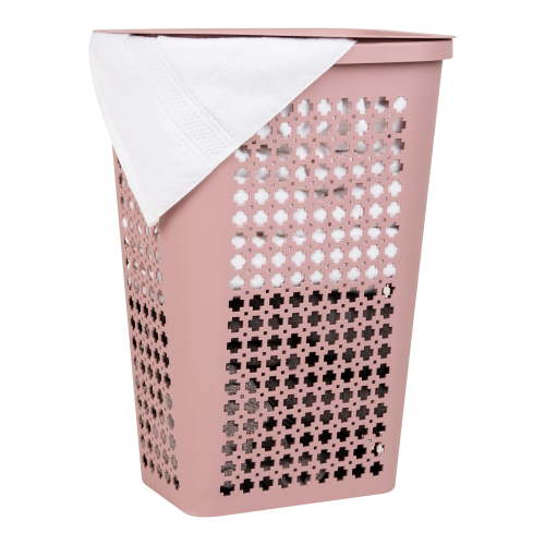 Mind Reader Slim Tapered Laundry Hamper with Lid, Clothes Basket with Swiss Cross Cut-Outs, Lightweight & Ventilated, Plastic, Pink
