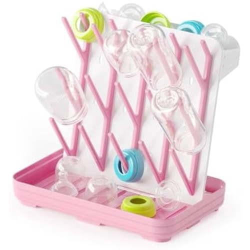 Baby Bottle Drying Rack with 20 Hooks, Space Saving Kitchen Bottles Rack Dryer, Vertical Baby Bottle Holder Organizer for Countertop Storage Accessories (White and Pink)