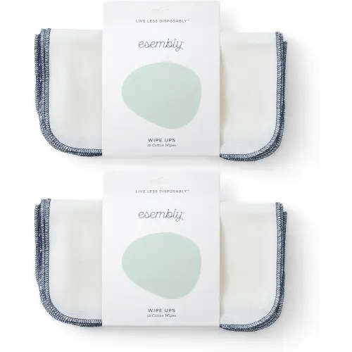 Esembly Wipe Ups, Organic Cotton Reusable Baby Wipes, Soft and Sturdy Washable Cloth Diaper Wipe, One Size, 2 x 12-pk (24 wipes)