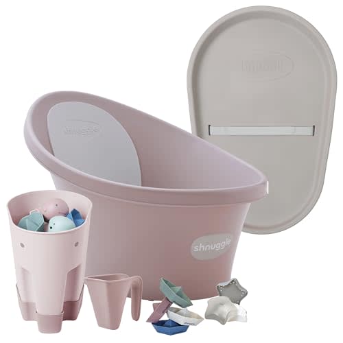 Shnuggle Baby Bath + Accessories Bundle - Includes Baby Bath with Bum Bump, Squishy Changing Mat, Ellie Scoop, Washy Rinse Jug, Stack n Sail Bath Boats, & Wishy Toy - 6-Piece Set, Blossom