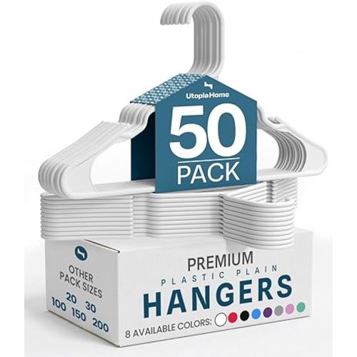 Utopia Home - Plastic Hangers 50 Pack - Space Saving Clothes Hanger - Durable and Strong Closet Organizers and Storage Makes It Ideal Stocking Stuffers or Apartment or Dorm Room Essentials (White)
