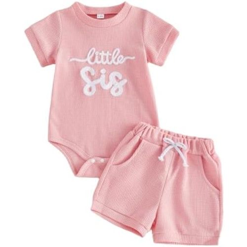 allshope Newborn Baby Girl Summer Outfit Romper Little Sister Lil Sis Embroidery Jumpsuit Tops Shorts Infant Waffle Clothes