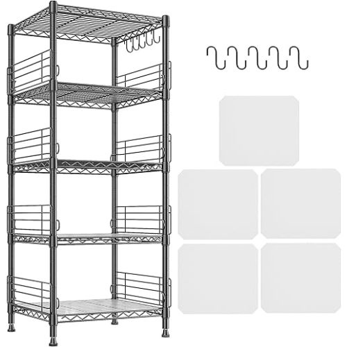 5 Tier Metal Shelving Unit Storage Shelves With Shelf Linker,Adjustable Pantry Shelves Wire Shelving with Hooks,Metal Shelf with Side Blockers for Kitchen,Closet,Office,Laundry,18.1''Wx18.1''Dx59''H