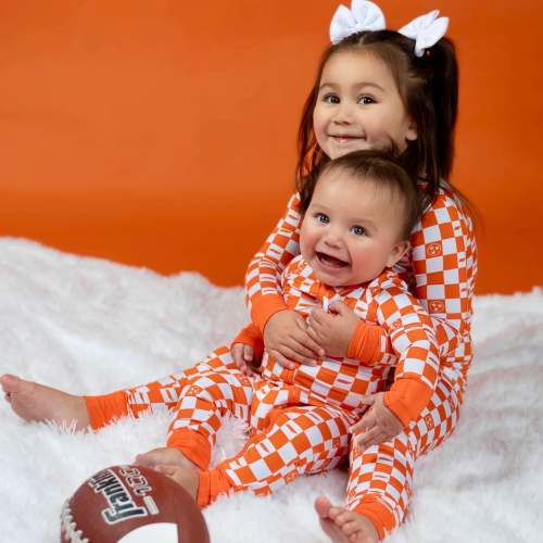 Orange and White Checkerboard- Bamboo convertible footie- Zippy pajamas