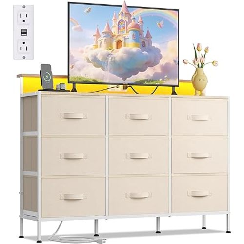 WLIVE Dresser TV Stand for 45, 50, 55 inch TV, Entertainment Center with LED Lights & Charging Station, Chest of Drawers with 9 Fabric Drawers and Open Shelves for Living Room, Hallway, Cream White