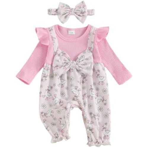Newborn Baby Girl Fall Clothes Corduroy Floral Bow Onesie Jumpsuits Ruffle Long Sleeve Outfit Infant Cute Romper