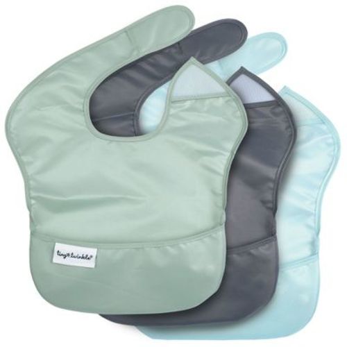Tiny Twinkle Mess-Proof and Waterproof Baby Food Bib for Boys or Girls, Machine Washable and BPA-Free w/Adjustable Closure (3-Pack, Sage, Charcoal)